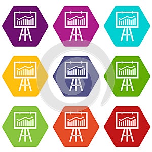 Flipchart with marketing data icon set color hexahedron