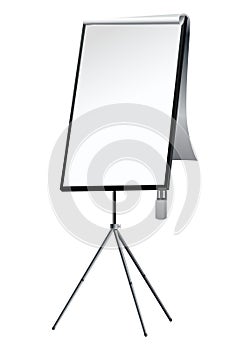 Flipchart mockup. Presentation and seminar whiteboard with blank paper sheets. Flip chart on tripod with space for text