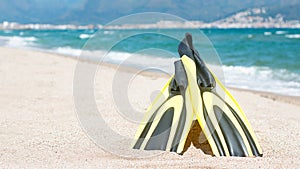 Flippers, diving mask, snorkeling accessories on the beach during sunny day closeup against sea background. Background