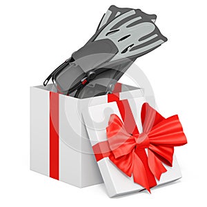 Flippers, swimfins inside gift box, present concept. 3D rendering