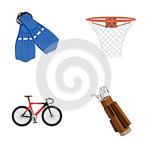 Flippers for swimming, basketball basket, net, racing holograph, golf bag. Sport set collection icons in cartoon style