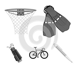 Flippers for swimming, basketball basket, net, racing holograph, golf bag. Sport set collection icons in monochrome