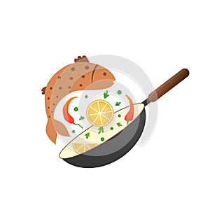 Flipping fry fish with lemon and pepper in a pan. Cartoon flat style. Cooking process vector illustration.