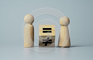 Flipping of unequal to equal sign between man and woman wooden figure. Human and business right concept