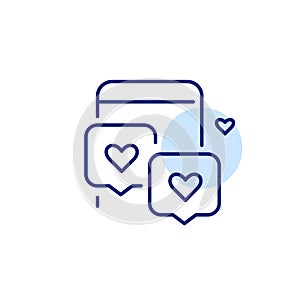 Flirt messages exchange on dating app. Smartphone with heart notification. Pixel perfect, editable stroke line icon