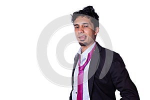 Flirtatious businessman with seductive expression sticking out his tongue with sexy look, isolated on all-white