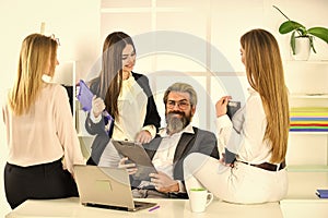 Flirting with boss. Man and women business colleagues. They love their boss. Office flirt. Career company. Flirting and