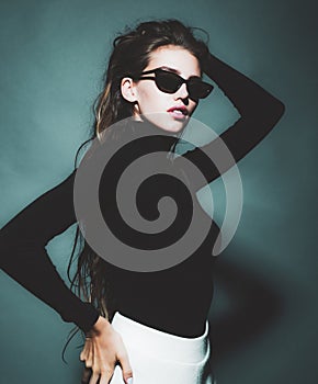 Flirting dating romantic seduction girl in black sunglasses. Fashion vogue style portrait.