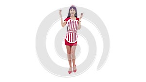 Flirty European Waitress Girl In Red Dress Sharing Sweets White Background Full Studio Shot