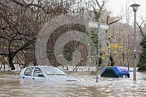 Flloding In Turin, Italy: car under water