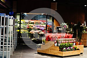 Fllower shop with colourful flowers at supermaket
