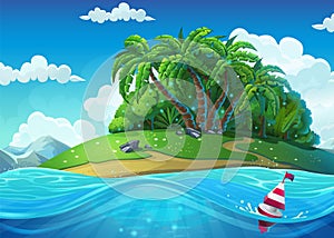 Float on the background of the island with palm trees in the sea