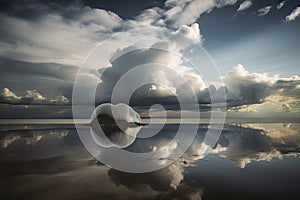 float landscape with surreal sky, cloud formations and dramatic lighting