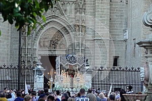 Semana Santa Pasos entering Cathedral in Sevilla, Andalusia