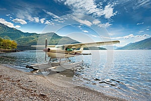 Float plane moored at a beach