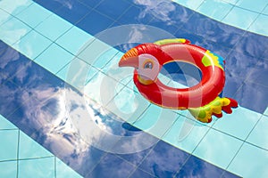 Floater with parrot shape at swimming pool with copy space