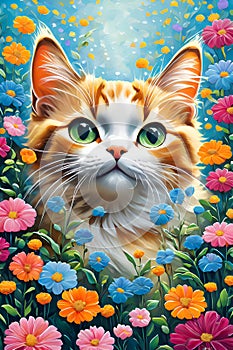 Floating acrylic art of cute cat with colorful flowers, garden, bold painting, animal, kitten