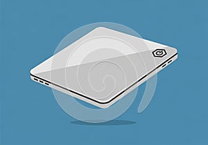 Floating against a solid blue background. The laptop features a