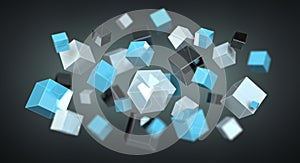 Floating blue shiny cube network 3D rendering