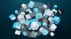 Floating blue shiny cube network 3D rendering