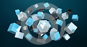 Floating blue shiny cube network 3D rendering