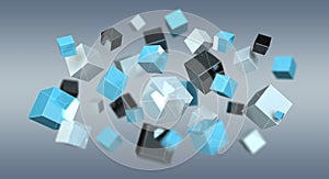 Floating blue shiny cube network 3D rendering