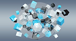 Floating blue shiny cube network 3D rendering