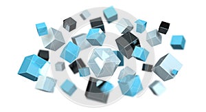 Floating blue shiny cube network 3D rendering