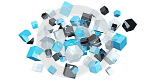 Floating blue shiny cube network 3D rendering