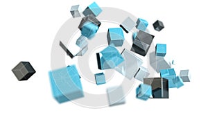 Floating blue shiny cube network 3D rendering