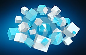 Floating blue and white shiny cube 3D rendering