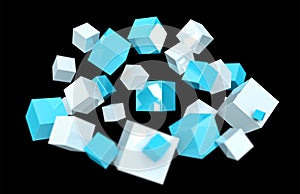 Floating blue and white shiny cube 3D rendering