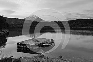 floating boat and dock at lake Saiko with mount Fuji, Yamanashi