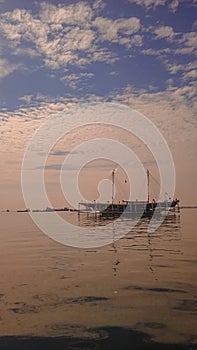 Floating Boat at Jakarta Bay, Indonesia. Fishing Boat, Fishing Industries, Background, Seascape.