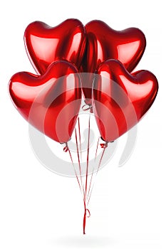 A floating bouquet of red heart shaped balloons on a white background.