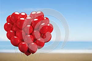 Floating bright red balloons, heart shape, gift for love