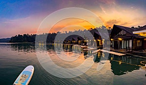 Floating bungalow on the Cheow lan Lake in Khao Sok National Park in Surat Thani, Thailand