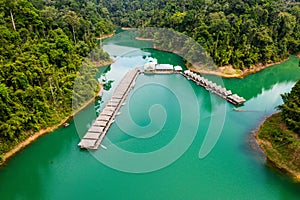 Floating bungalow on the Cheow lan Lake in Khao Sok National Park in Surat Thani, Thailand