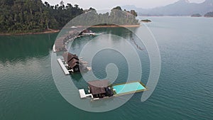 Floating bungalow on the Cheow lan Lake in Khao Sok National Park in Surat Thani, Thailand