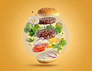 Floating Burger Elements in Air Artistic Design
