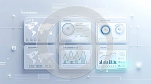 Floating Business Intelligence Dashboard Interface with Global Data Analytics Panels