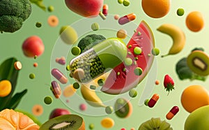 Floating capsule with vitamins and colorful fruits and vegetables