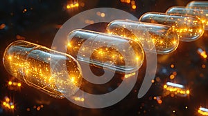 Floating capsules with glowing letters D, A, and E against a sparkling background.