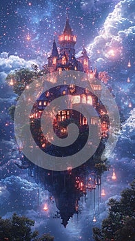 A floating castle under the starry sky