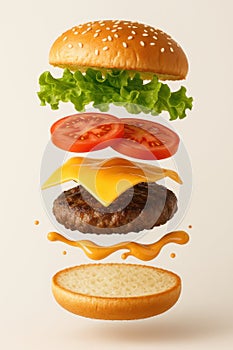 Floating cheeseburger ingredients in mid-air