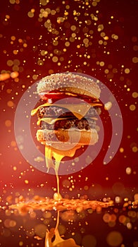 Floating Cheeseburger with Melted Cheese and Glittering Background in Vibrant Red Tones, Fast Food Concept