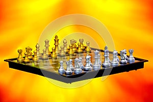 Floating chess board and pieces on colorful abstract background