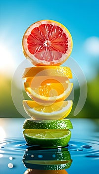 Floating Citrus Fruit Slices Stacked Vertically with Water Reflection