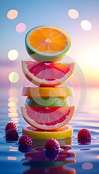 Floating Citrus Fruit Stack with Grapefruit and Orange Over Pastel Water