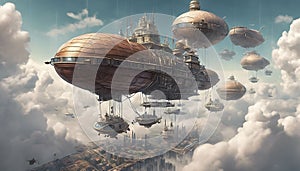 A Floating City in the Clouds: Airships Docking in a Futuristic Science Fiction Sky